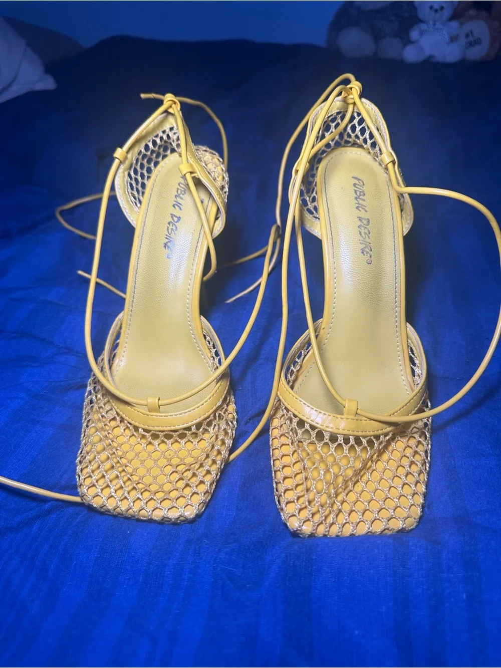 Public Desire Yellow Lace-Up Mesh Heeled Sandals